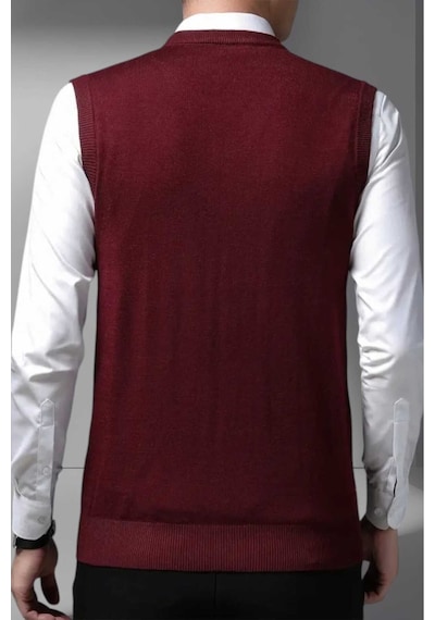 Tezzgelsin Erkek V Yaka Triko Tüylenmez Süveter Erkek Slim Fit Süveter Bordo