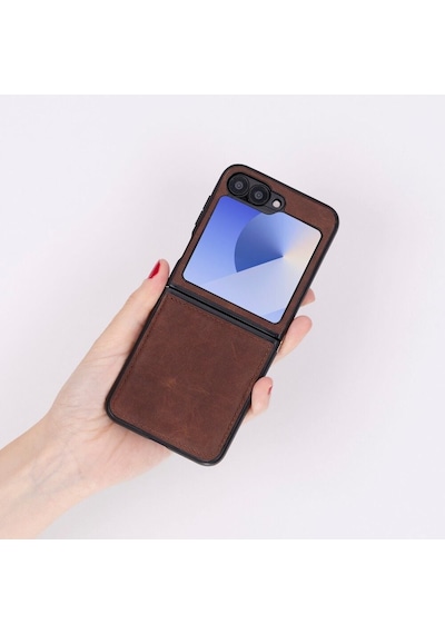 Samsung Galaxy Z Flip6 Uyumlu, Hakiki Deri, El Yapımı Arka Kapak Antik Kahve