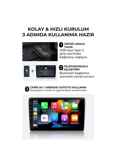 Ayrex Teknoloji Gelsin Kablosuz Carplay Ve Android Auto Adaptör, 2in1 Tak Çalıştır, İos Ve Android Uyumlu, Bluetoot