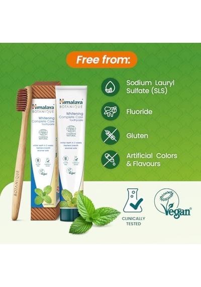 Himalaya Botanique Beyazlatıcı Komple Bakım Diş Macunu 75ml Ecocert Cosmos Sertifikalı Organik Aktif, Nane Aromalı Daha Beyaz Dişler, Daha Ferah Nefes Florür & Gluten İçermez