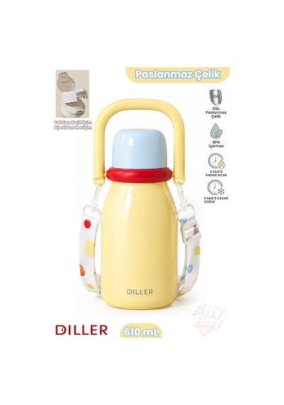 Dıller 610 Ml Premium Bardak Kapak Çift Kullanım Pipetli Rahat İçim Kulplu Askılı Paslanmaz Çelik Termos Ff9512 Sarı