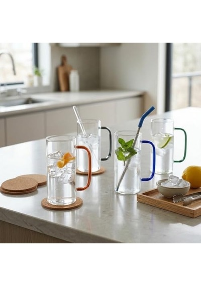 4&apos Lü Borosilikat Cam Kupa Seti - Renkli Kulplu Isıya Dayanıklı Çay, Kahve Ve Meşrubat Bardak Takımı 380 Ml Aeropress
