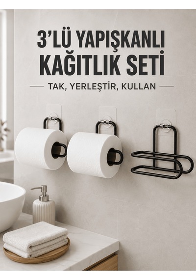 Lexroo 3 Lü Siyah Duvar Tipi Kağıtlık Seti Yapışkanlı Pratik Rulo
