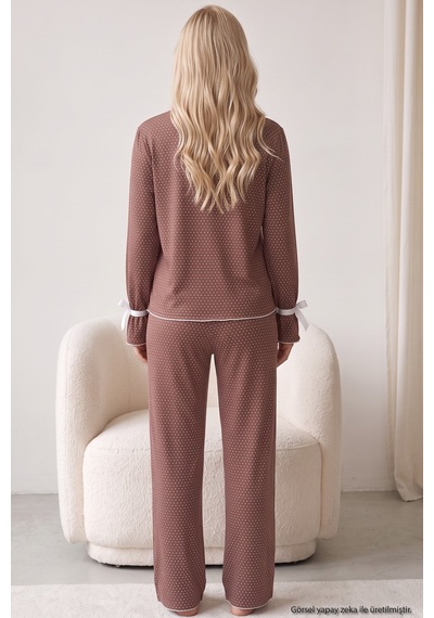 Siyah İnci Desenli Bürümcük-krınkıl Kurdele Detaylı Düğmeli Hırka Pijama Takım 26223921 Kahverengi Puan