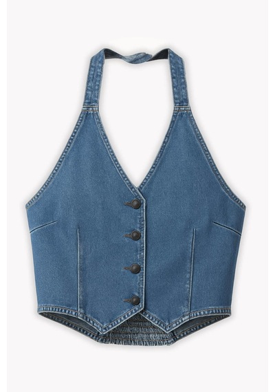 Blue White Kadın Düğmeli Bağlamalı Crop Jean Büstiyer Açık Mavi