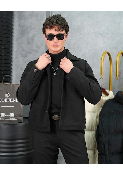 Modefendi Orta Slim Fit Düğme Detaylı Kaşmir Kaban Siyah