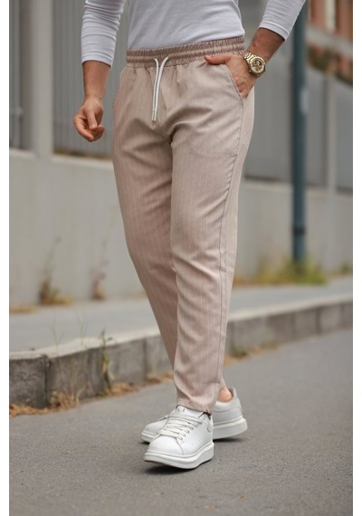 Veraura Lifestyle Erkek Beli Bağcıklı Çizgili Pantolon Bej