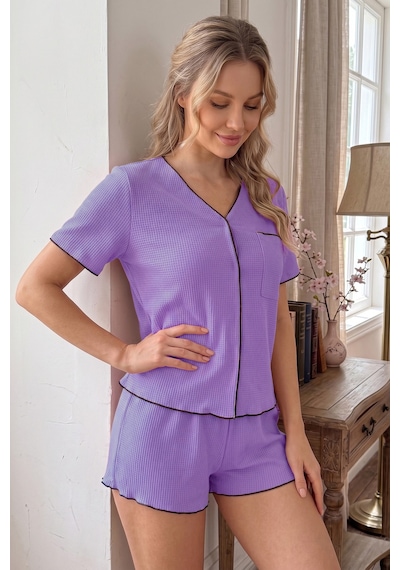 Bella Notte Lila Kısa Kollu V Yaka Biye Detaylı Pijama Takımı