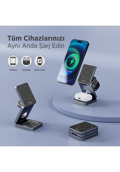 Bix BXMW7 15 W  Telefon Kulaklık Ve Saat İçin Kablosuz Şarj Standı