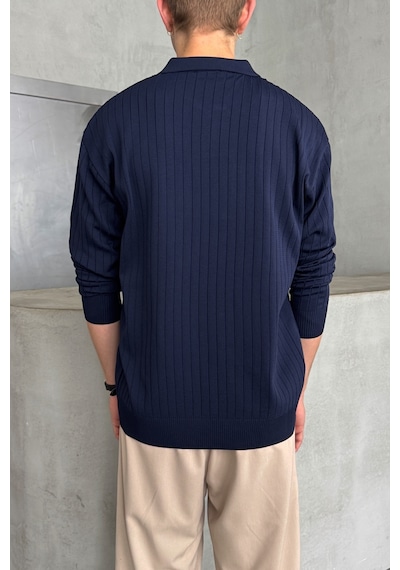 Erkek Polo Yaka Fitilli Oversize Triko Kazak Lacivert