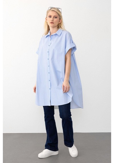 Olcay Yandan Yırtmaçlı Çizgili Poplin Tunik Açık Mavi 9283