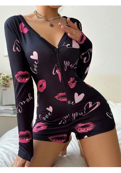 Ekselanude Pamuklu Kırmızı Öpücük Ve Kalp Desenli Düğmeli Uzun Kol Tulum Pijama Siyah