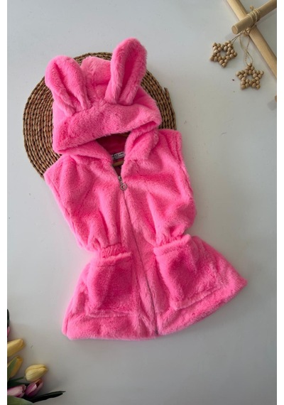 Miniğimin Cicileri Kulak Detaylı Peluş Cepli Çocuk Yelek - Pembe Pembe