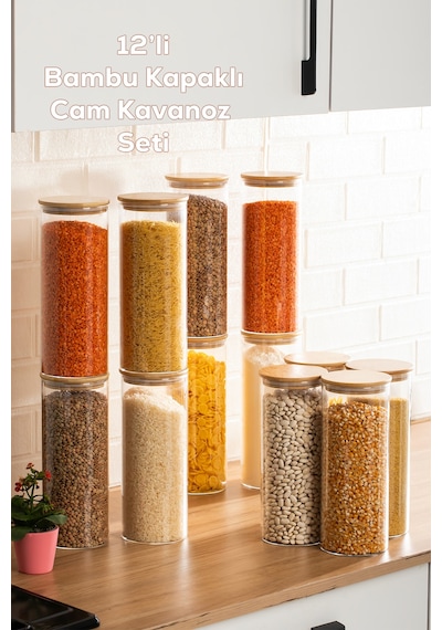 Porsima 4-4 Bambu Vakumlu Kapaklı Yuvarlak Cam 12li Kavanoz Seti Saklama Kabı 2100ml 10x30cm