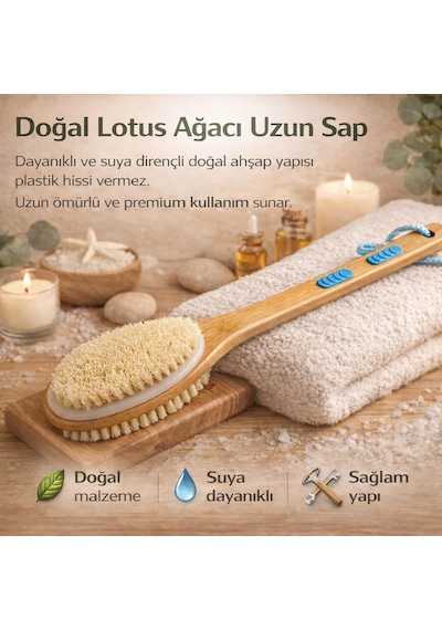 Sırt Ve Vücut Temizleme Fırçası - 2 Taraflı Sert & Yumuşak Lifli, Bambu Uzun Saplı 43cm ,