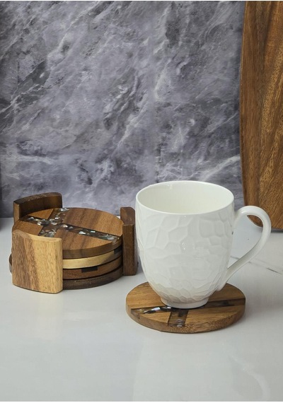 Akasya 4lü Bardak Altlığı - Stantlı Çay Tabağı Takımı - 5 Parça, 11 Cm Kahverengi