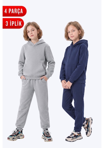 Fyk Kids 2'li Düz 3 İplik Kışlık Kanguru Cepli Kapüşonlu Kız Çocuk Eşofman Takımı Gri - Lacivert