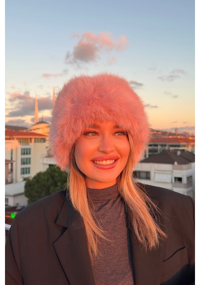 Mollycrush Elit Rus Slav Tarzı Suni Kürklü I Çi Deri Peluş Tüylü Kadın Kalpak Şapka Pembe