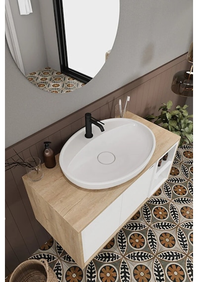 Gül Beyaz 90 Cm Banyo Dolabı Ayna Lavabo Beyaz