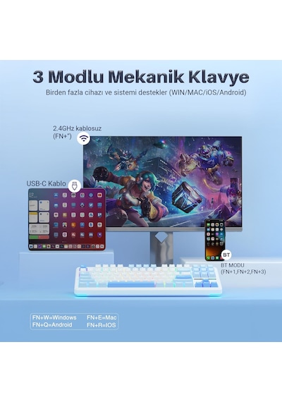 Aula F87 Pro Mekanik Rgb Tkl Graywood V3 Switch Kablosuz Makrolu Hot Swap Klavye Buz Mavi
