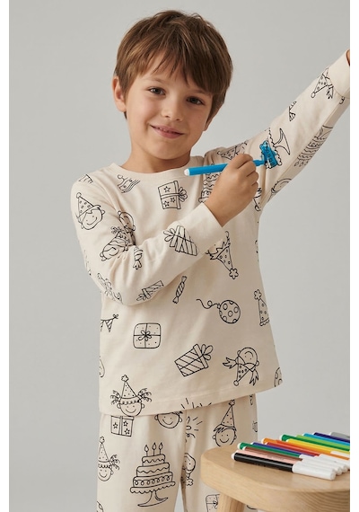 Zuzunga Boyanabilir Doğum Günü Temalı Çocuk Pijama Takımı Yıkanabilir 6-lı Kalem Hediyeli Ekru