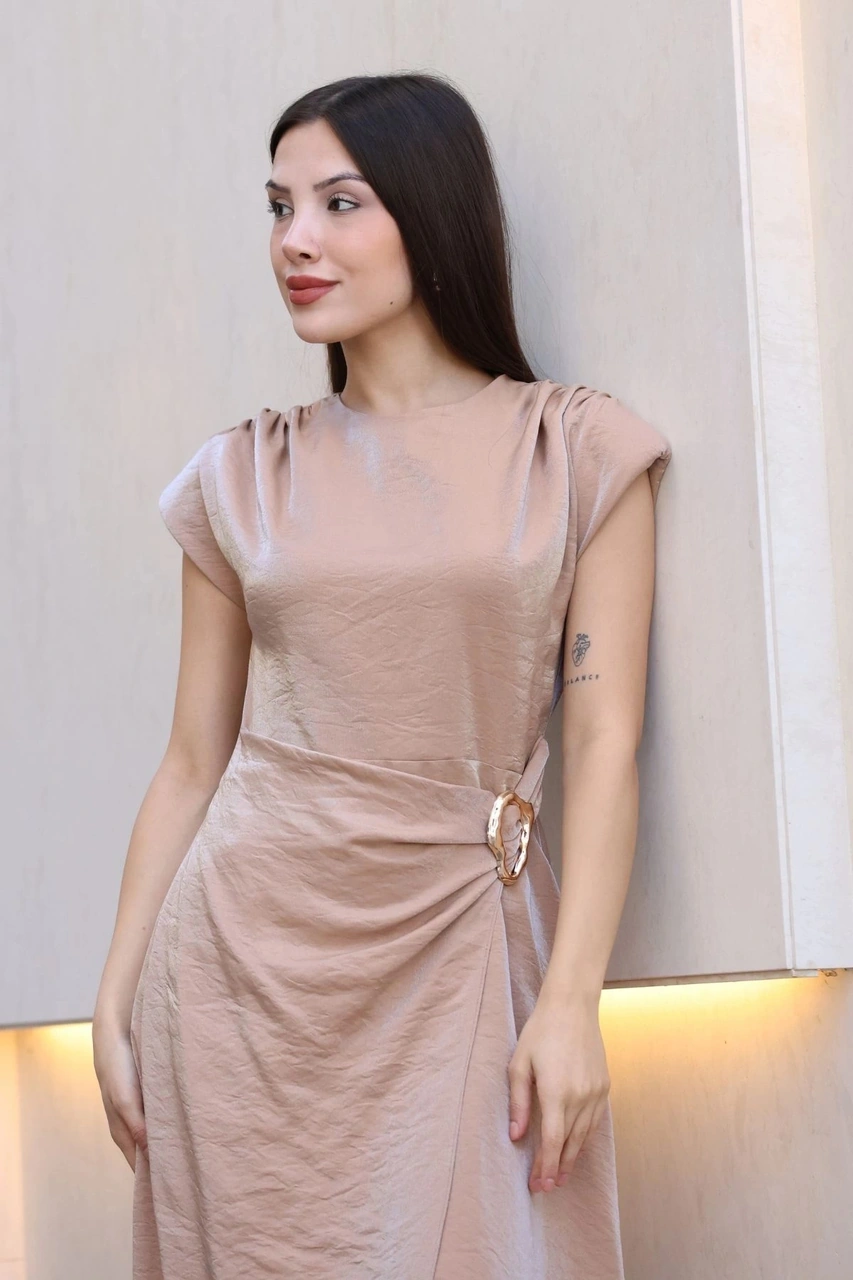 Lodmela Toka Ve Drape Detaylı Soft Saten Midi Elbise 6042-bej Bej