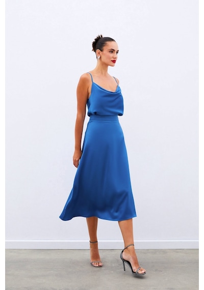 Sateen Midi Boy Saten Etek - İndigo Lacivert
