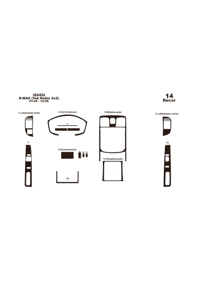 Isuzu D Max Tek Kabin 2x2 Torpido Kaplama 2005-2006 14 Parça Koyu Meşe