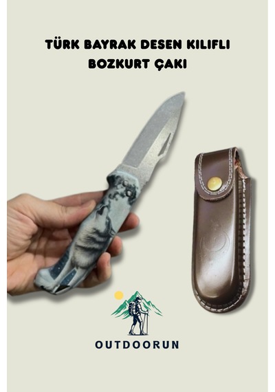 Türk Bayrak Desen Kılıflı Bozkurt Kamp Çakı 20 Cm Beyaz