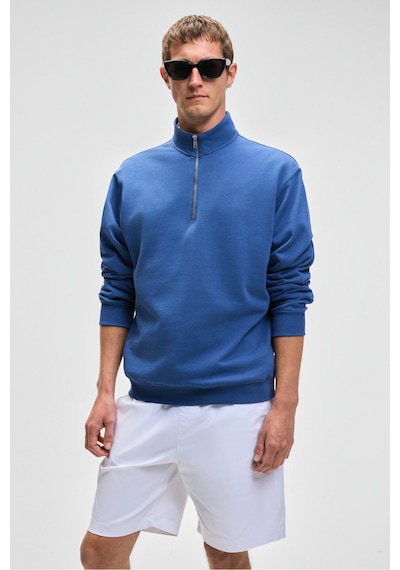 Grımelange NESTOR Erkek Relaxed Fit Dik Yakalı Yarım Fermuarlı Uzun Kollu Mavi Sweatshirt