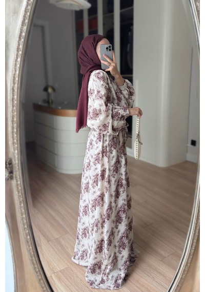 Kahijab Çiçek Desenli Yarasa Kol Astarlı Elbise - Bordo