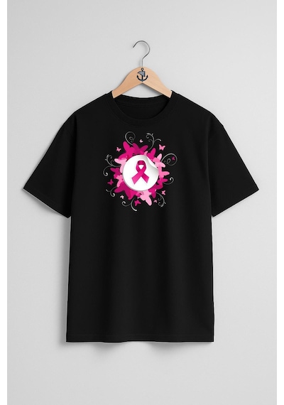 Oversize Dünya Kanser Günü Göğüs Tasarımlı Unisex T-shirt Siyah