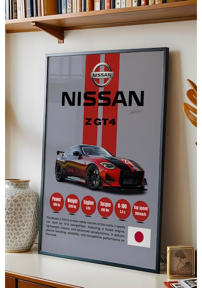 Nissan Z Gt4 Premium Yarış Arabası Çerçeveli Tablo - Teknik Özellikli Pist Serisi Duvar Dekoru Siyah