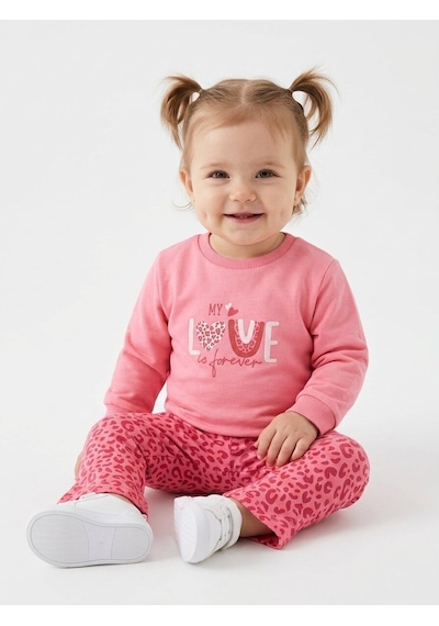 HelloBaby Pamuklu Kalp Detaylı 2li Kız Bebek Takım Nar Çiçeği