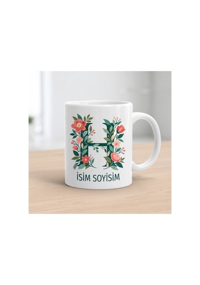 H Harfli İsim Alanlı Kupa Bardak Renkli Çiçekli Monogram Beyaz Beyaz