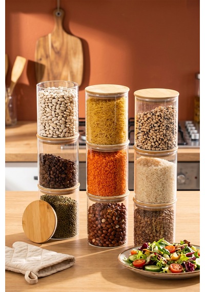 Porsima 1-3 Bambu Vakumlu Kapaklı Yuvarlak Borosilikat Cam 9lu Kavanoz Seti Saklama Kabı 750ml 10x12cm