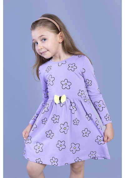 Toontoy Kız Çocuk Çiçek Desenli Fiyonk Detaylı Elbise Lila
