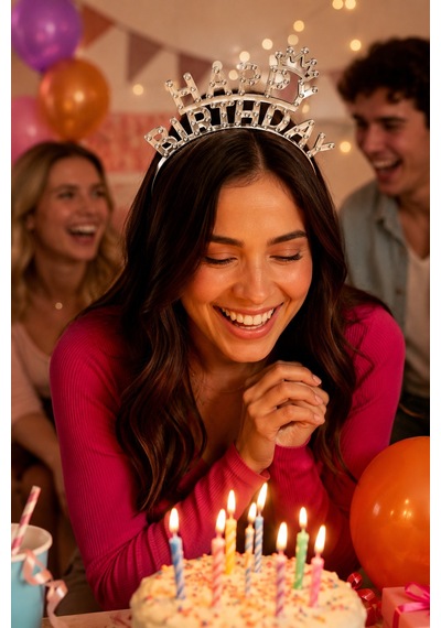 Gümüş Happy Birthday Taç Taşlı Görünümlü Doğum Günü Parti Kutlama Ve Eğlence Aksesuarı Diğer