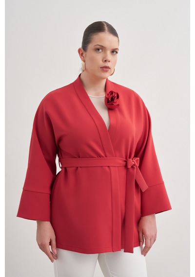 Aker Kırmızı Kumaş Broşlu Kimono Kırmızı Kırmızı