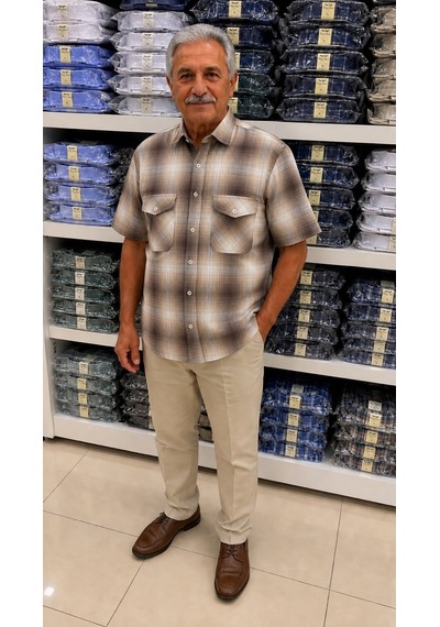 Eren Style Linen Keten Klasik %100 Cotton Kısa Kollu Çift Cepli Terletmeyen Gömlek Bej