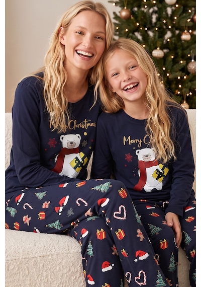 Siyah İnci Yılbaşı Temalı Pamuklu Likralı Örme Pijama Takım26241177 Lacivert