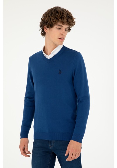 U.S. Polo Assn. Erkek Slim Fit V Yaka İndigo Basic Kazak 50293512-VR028