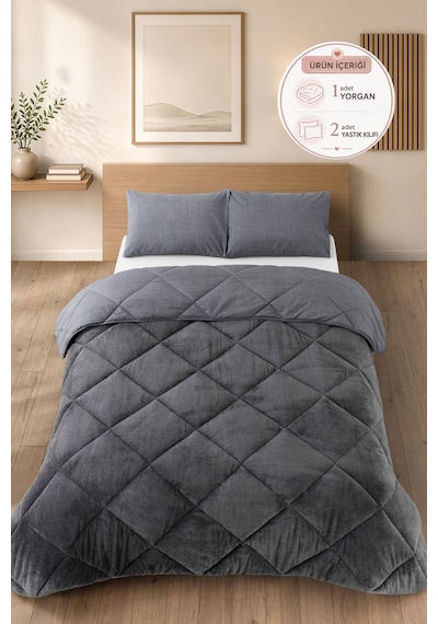 Premium Çift Taraflı Wellsoft Yorgan Seti Battal Boy 215x235 Cm 2 Adet Yastık Kılıflı Antrasit