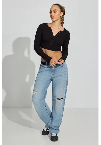 Madmext Siyah Uzun Kollu Düğmeli Kaşkorse Crop Hırka Mg2193 Siyah
