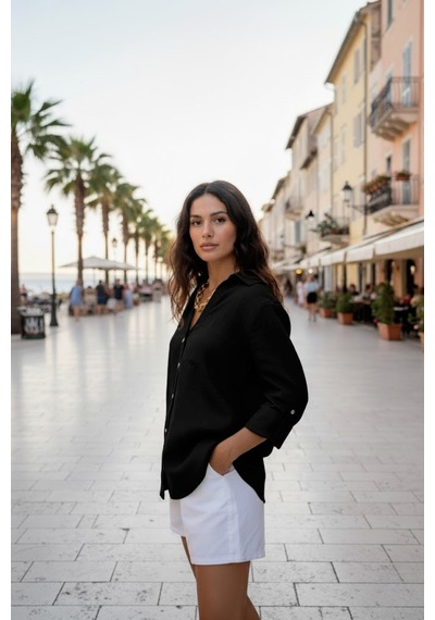 Kadın Saks Relaxed Kalıp %100 Keten Gömlek