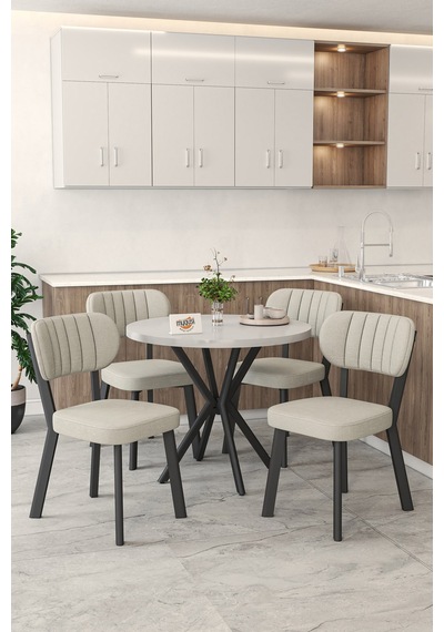 Gnr 90cm Sabit Beyaz Mutfak Masası Takımı, Yemek Masası, 4 Modern Krem Sandalye Krem