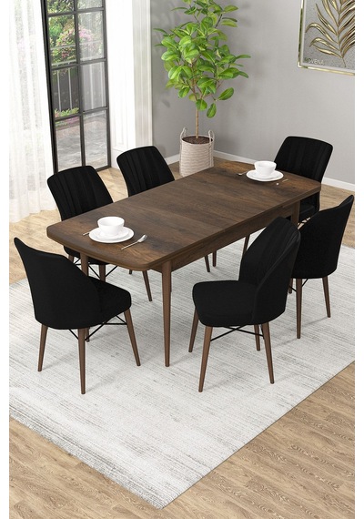 Arel Barok Desen 80x132 Açılabilir Mdf Masa Yemek Odası Takımı, Mutfak Takımı 6 Adet Sandalye Barok Masa - 6 Siyah - Ceviz Ayak Arel Barok Desen 80x132 Açılabilir Mdf Masa Yemek Odası Takımı, Mutfak Takımı 6 Adet Sandalye Barok Masa - 6 Siyah - Ceviz Ayak