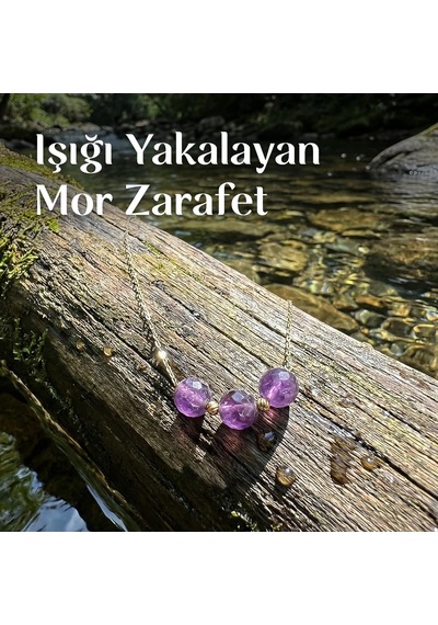 Çelik Zincirli Ametist Taşı Kolye - Altın Renkli Üç Top Model Renkli