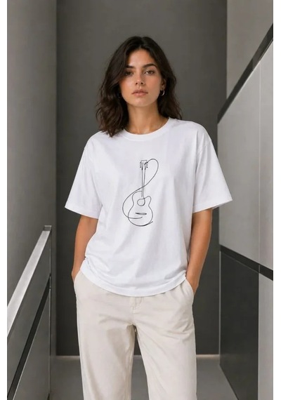 Modi Green New Minimal Gitar Baskılı Tişört T-shirt Yazlık Kısa Kol Bisiklet Yak Beyaz