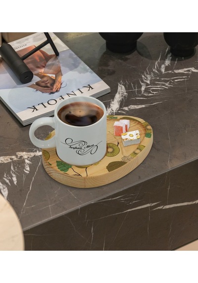 Kişiye Özel Kivi Tasarımlı Doğal Ahşap Tabaklı Türk Kahvesi Finca
